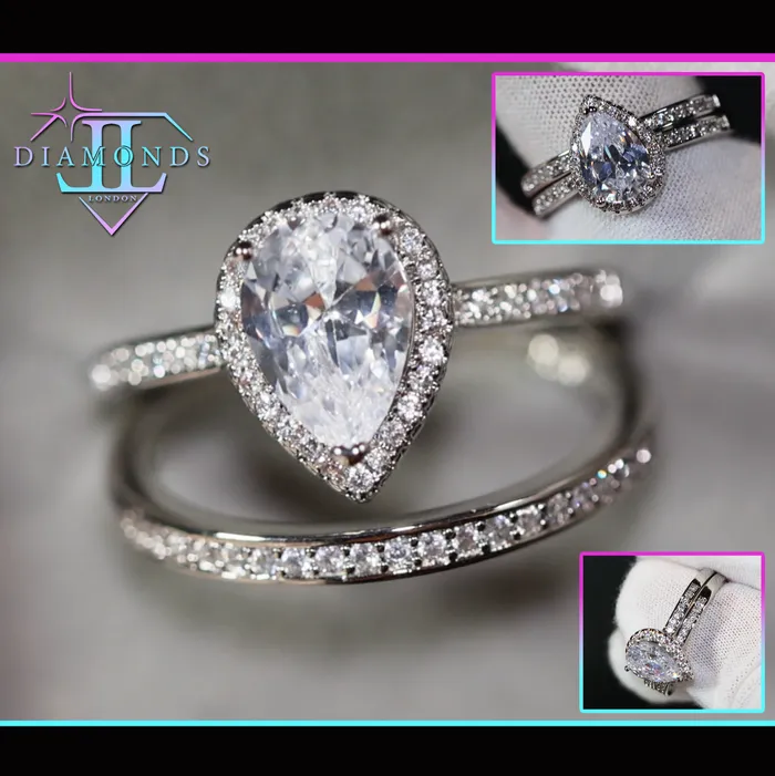 Rings Lab Diamonds London Engagement Ring Set Womens Wedding Ring Set Pear Cut Diamond Ring Teardrop Ring Womens Diamond Wedding Ring Set Womens Wedding Ring