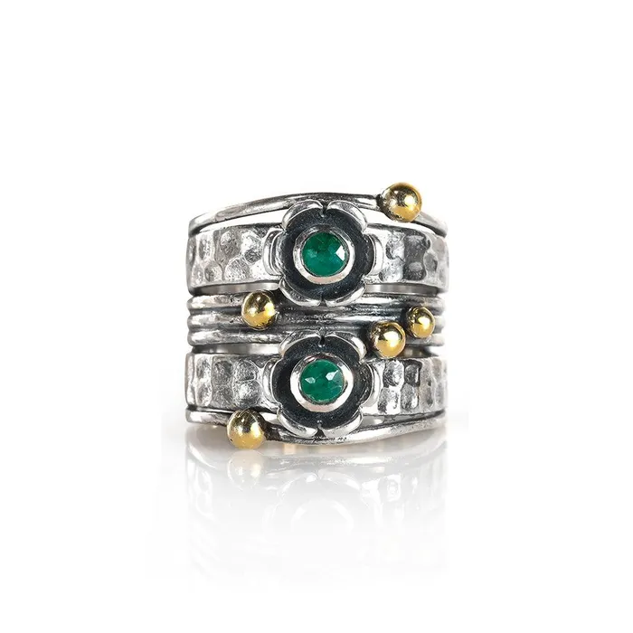 Rings YoTreasure 3 MM Green Emerald 925 Sterling Silver Brass Wide Band Statement Ring Rings YoTreasure 3 MM Green Emerald 925 Sterling Silver Brass Wide Band Statement Ring