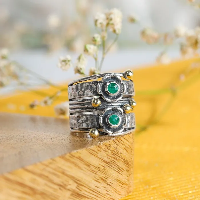 Rings YoTreasure 3 MM Green Emerald 925 Sterling Silver Brass Wide Band Statement Ring