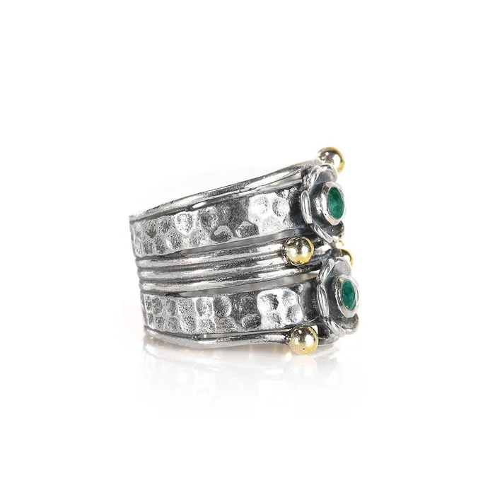 Rings YoTreasure 3 MM Green Emerald 925 Sterling Silver Brass Wide Band Statement Ring