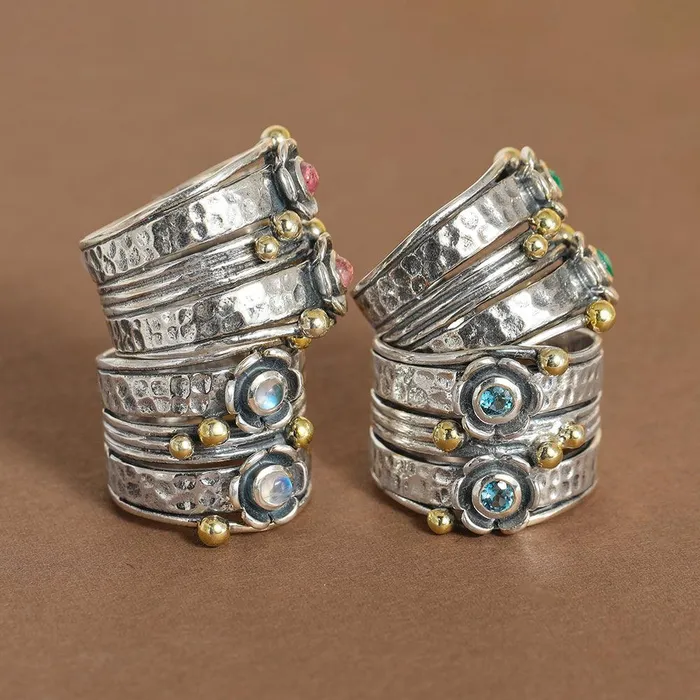 Rings YoTreasure 3 MM Green Emerald 925 Sterling Silver Brass Wide Band Statement Ring