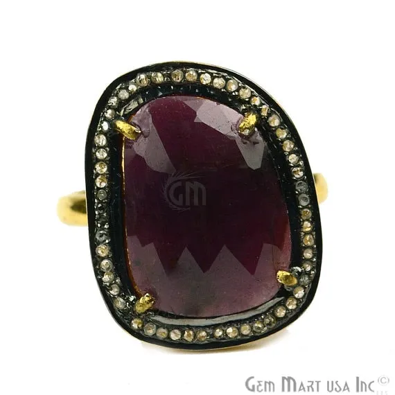 Sapphire with Diamond Pave Ring 925 Sterling Silver Gold Vermeil Adjustable Gemstone Ring NDRG12001 GemMartUSA Rings Sapphire with Diamond Pave Ring 925 Sterling Silver Gold Vermeil Adjustable Gemstone Ring NDRG12001 GemMartUSA Rings