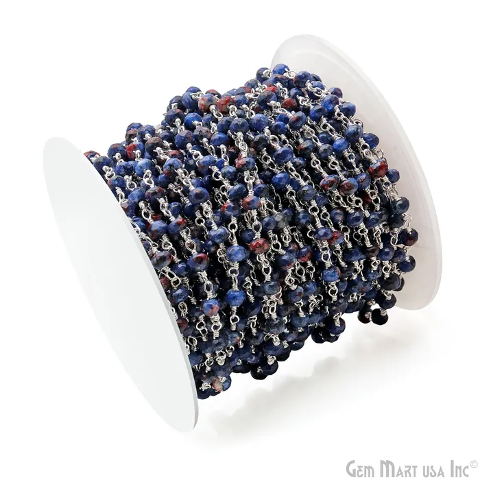 Sodalite Jade 4mm Faceted Beads Silver Wire Wrapped Rosary GemMartUSA Rings