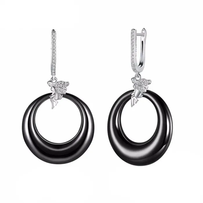 Womens 925 Sterling Silver Drop Earrings with Angel Black Round Ceramic Dangler Trendy Jewelry for Females Personalized Jewel Earrings Womens 925 Sterling Silver Drop Earrings with Angel Black Round Ceramic Dangler Trendy Jewelry for Females Personalized Jewel Earrings