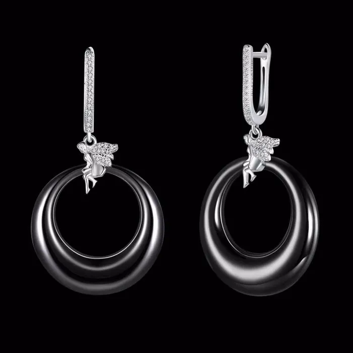 Womens 925 Sterling Silver Drop Earrings with Angel Black Round Ceramic Dangler Trendy Jewelry for Females Personalized Jewel Earrings