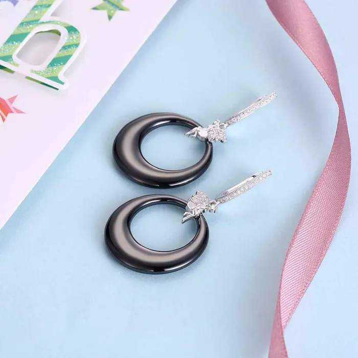 Womens 925 Sterling Silver Drop Earrings with Angel Black Round Ceramic Dangler Trendy Jewelry for Females Personalized Jewel Earrings
