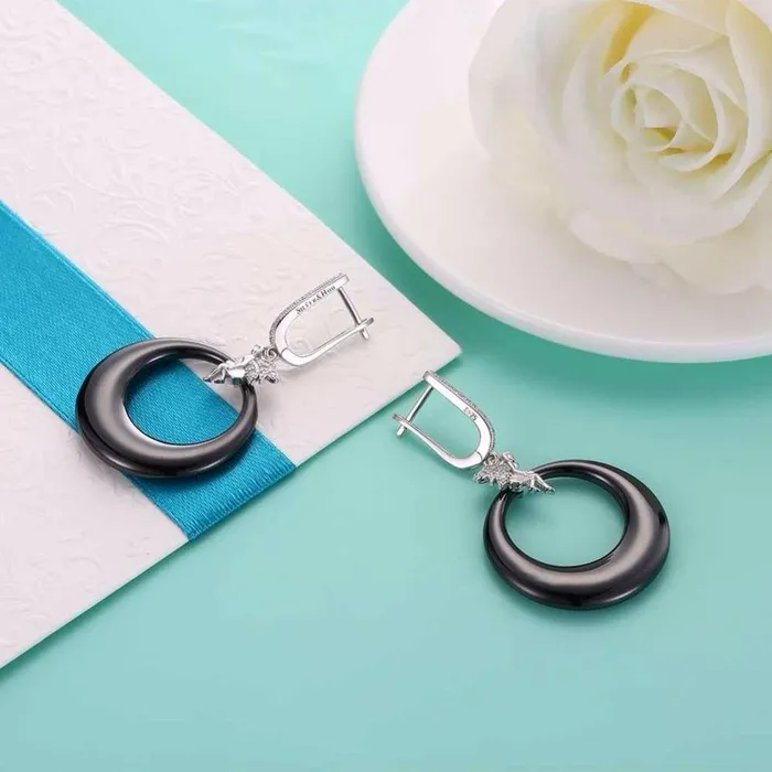 Womens 925 Sterling Silver Drop Earrings with Angel Black Round Ceramic Dangler Trendy Jewelry for Females Personalized Jewel Earrings
