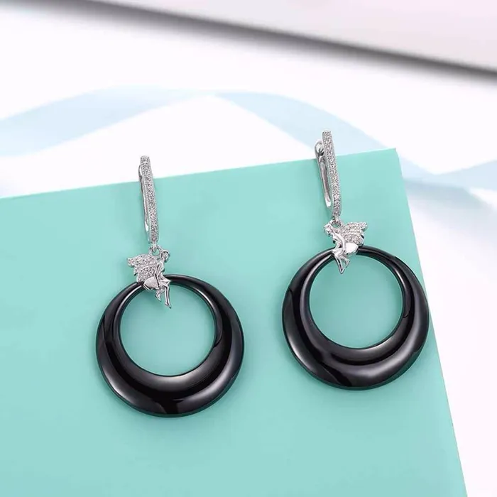 Womens 925 Sterling Silver Drop Earrings with Angel Black Round Ceramic Dangler Trendy Jewelry for Females Personalized Jewel Earrings