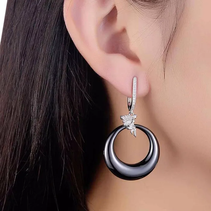 Womens 925 Sterling Silver Drop Earrings with Angel Black Round Ceramic Dangler Trendy Jewelry for Females Personalized Jewel Earrings