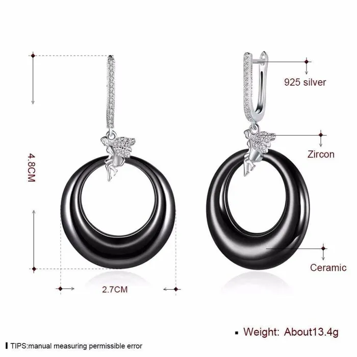 Womens 925 Sterling Silver Drop Earrings with Angel Black Round Ceramic Dangler Trendy Jewelry for Females Personalized Jewel Earrings