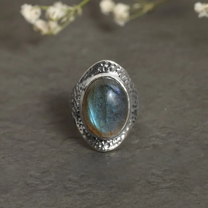 YoTreasure 12x16 MM Labradorite 925 Sterling Silver Hammered Bold Ring Rings