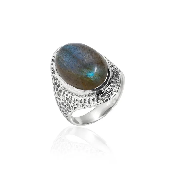 YoTreasure 12x16 MM Labradorite 925 Sterling Silver Hammered Bold Ring Rings