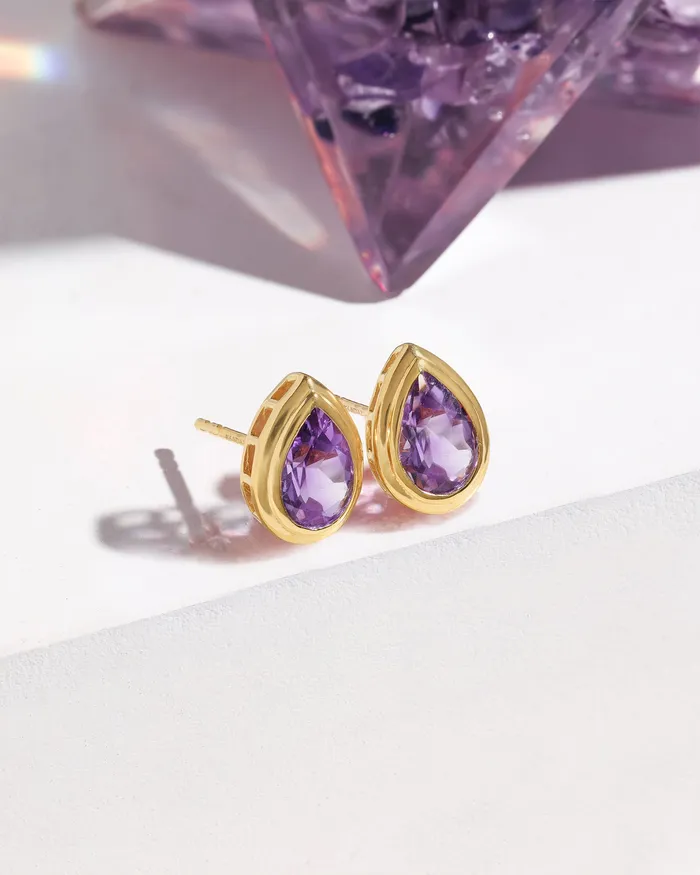 YoTreasure Earrings Brazilian Amethyst Solid 14K Gold Plated Over 925 Silver Minimalist Stud Earrings YoTreasure Earrings Brazilian Amethyst Solid 14K Gold Plated Over 925 Silver Minimalist Stud Earrings