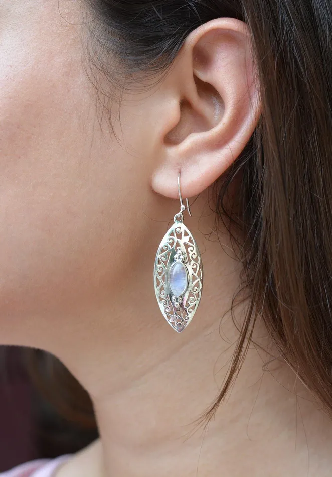 YoTreasure Earrings Rainbow Moonstone Solid 925 Sterling Silver Dangle Earrings