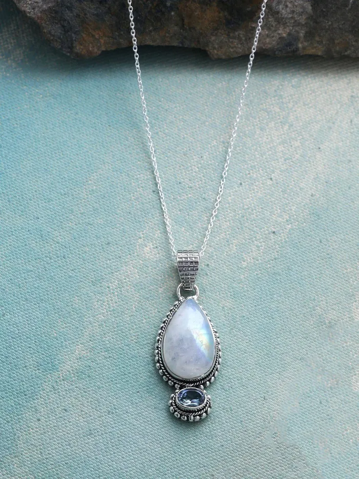 YoTreasure Rainbow Moonstone Blue Topaz Solid 925 Sterling Silver Chain Pendant Jewelry Necklaces YoTreasure Rainbow Moonstone Blue Topaz Solid 925 Sterling Silver Chain Pendant Jewelry Necklaces