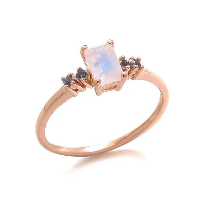 YoTreasure Rings 062 Ct Moonstone London Blue Topaz Solid 10k Rose Gold Ring