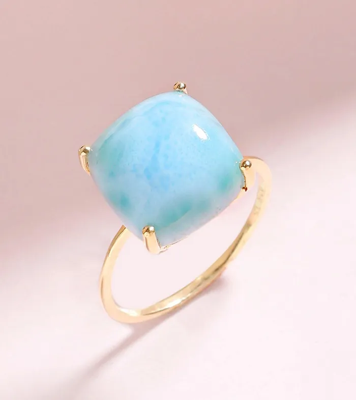 YoTreasure Rings 585 Ct Larimar Solid 10k Yellow Gold Ring Jewelry