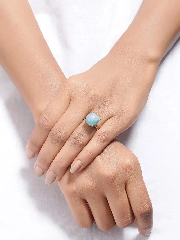 YoTreasure Rings 585 Ct Larimar Solid 10k Yellow Gold Ring Jewelry