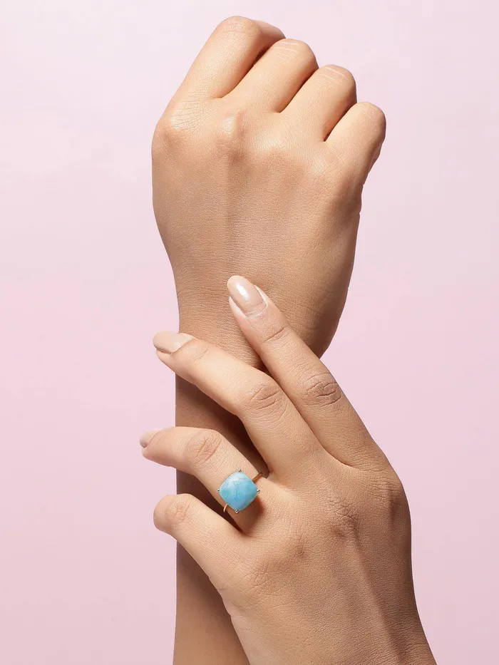 YoTreasure Rings 585 Ct Larimar Solid 10k Yellow Gold Ring Jewelry