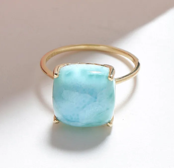 YoTreasure Rings 585 Ct Larimar Solid 10k Yellow Gold Ring Jewelry