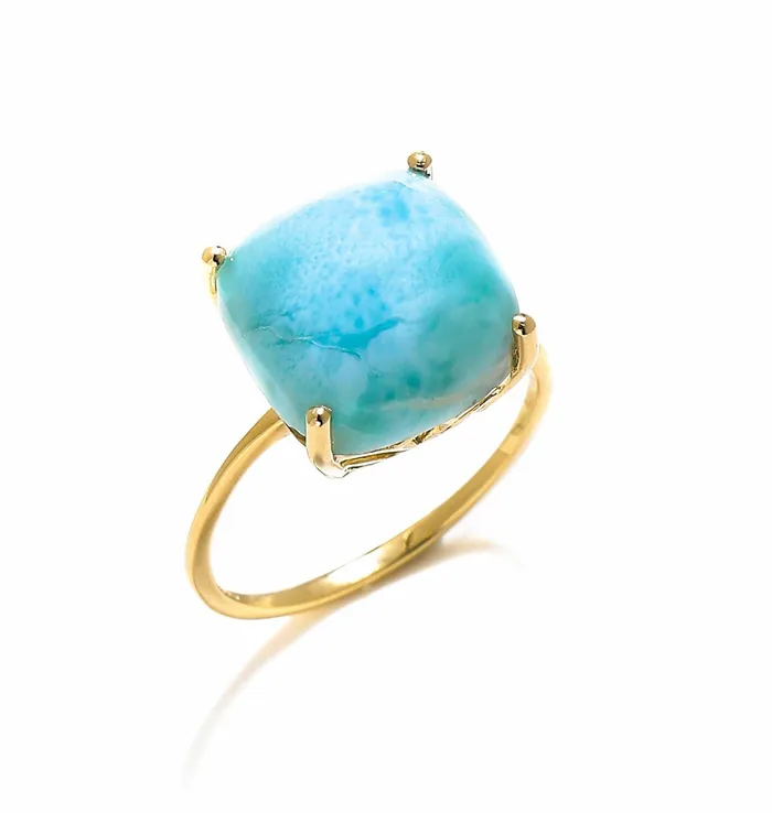 YoTreasure Rings 585 Ct Larimar Solid 10k Yellow Gold Ring Jewelry