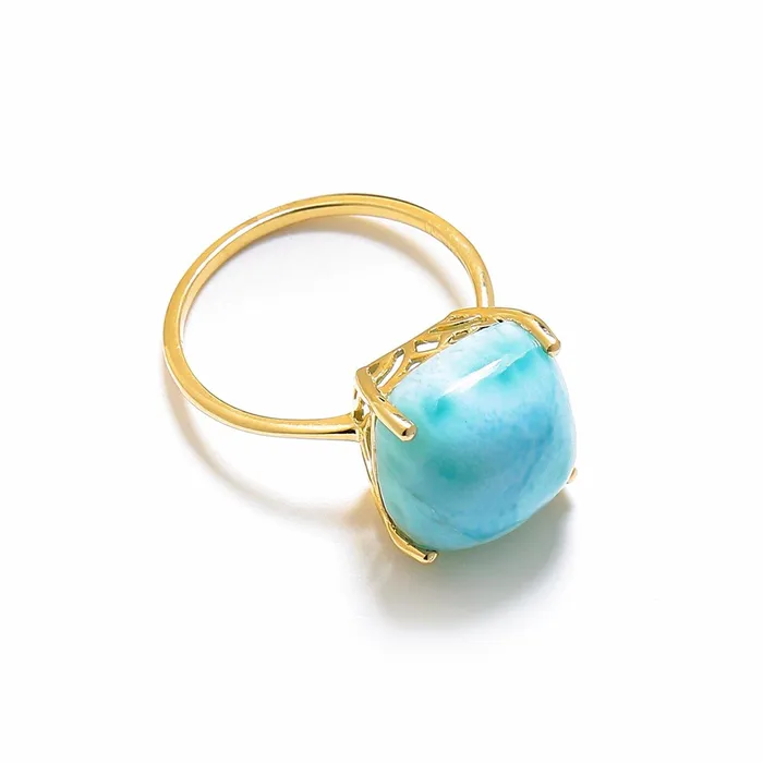 YoTreasure Rings 585 Ct Larimar Solid 10k Yellow Gold Ring Jewelry