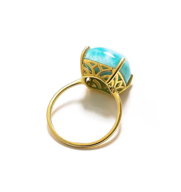 YoTreasure Rings 585 Ct Larimar Solid 10k Yellow Gold Ring Jewelry