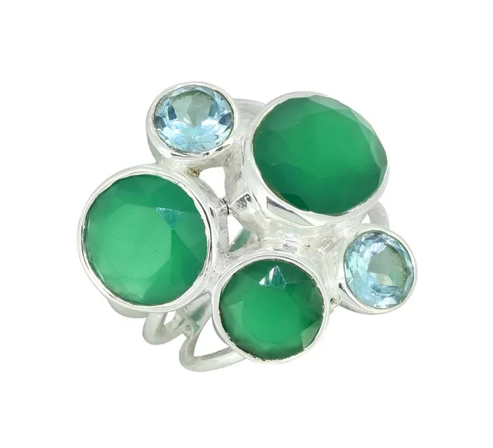 YoTreasure Rings Green Onyx Blue Topaz Solid 925 Sterling Silver Designer Ring Jewelry YoTreasure Rings Green Onyx Blue Topaz Solid 925 Sterling Silver Designer Ring Jewelry