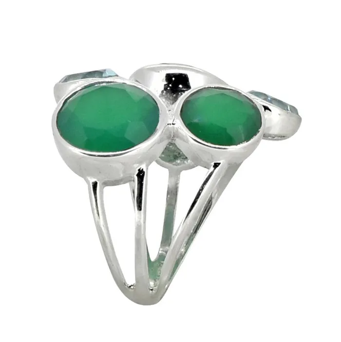 YoTreasure Rings Green Onyx Blue Topaz Solid 925 Sterling Silver Designer Ring Jewelry