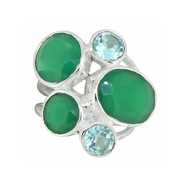 YoTreasure Rings Green Onyx Blue Topaz Solid 925 Sterling Silver Designer Ring Jewelry