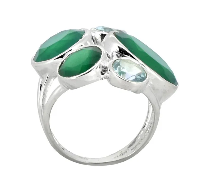 YoTreasure Rings Green Onyx Blue Topaz Solid 925 Sterling Silver Designer Ring Jewelry