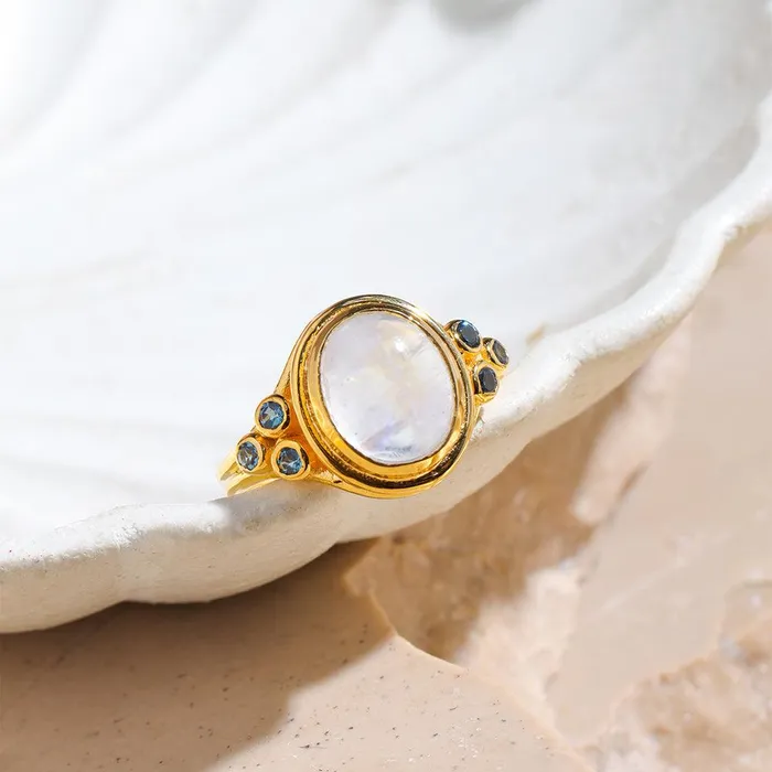 YoTreasure Rings Moonstone London Blue Topaz 14K Gold Plated Over 925 Silver Promise Ring