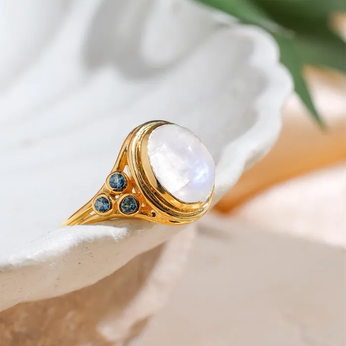 YoTreasure Rings Moonstone London Blue Topaz 14K Gold Plated Over 925 Silver Promise Ring