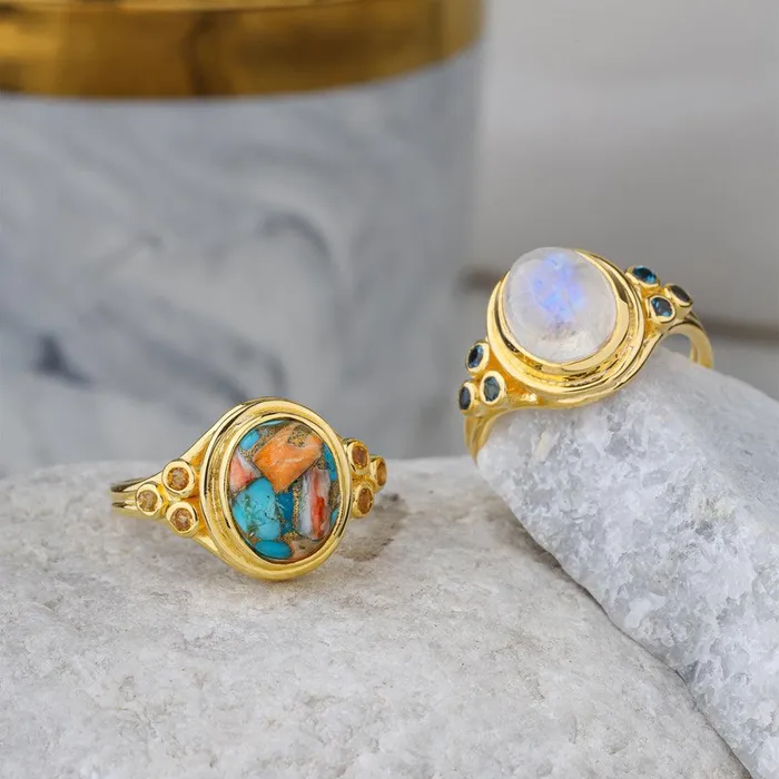 YoTreasure Rings Moonstone London Blue Topaz 14K Gold Plated Over 925 Silver Promise Ring