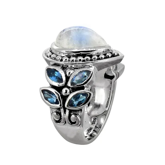 YoTreasure Rings Moonstone London Blue Topaz Solid 925 Sterling Silver Ring Jewelry