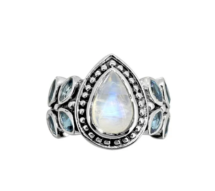 YoTreasure Rings Moonstone London Blue Topaz Solid 925 Sterling Silver Ring Jewelry