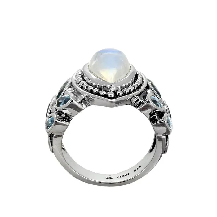 YoTreasure Rings Moonstone London Blue Topaz Solid 925 Sterling Silver Ring Jewelry